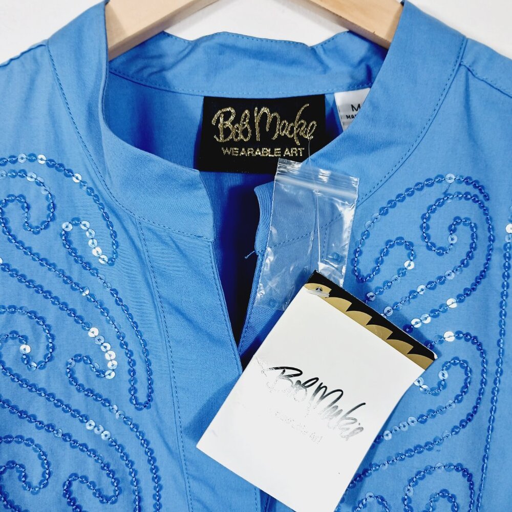 Bob Mackie NWT, Size Med., Blue, Button Down Shirt W/ Sequins & Mandarin Collar - Picture 3 of 16
